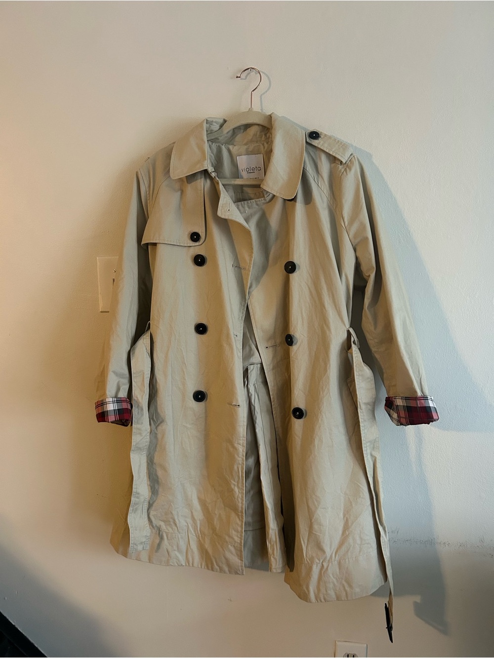 Mango Trench Coat with Plaid Cuff Detail
